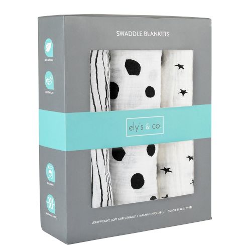  Ely Muslin Swaddle Blanket 100% Soft Muslin Cotton 3 Pack 47x 47 (Black & White)