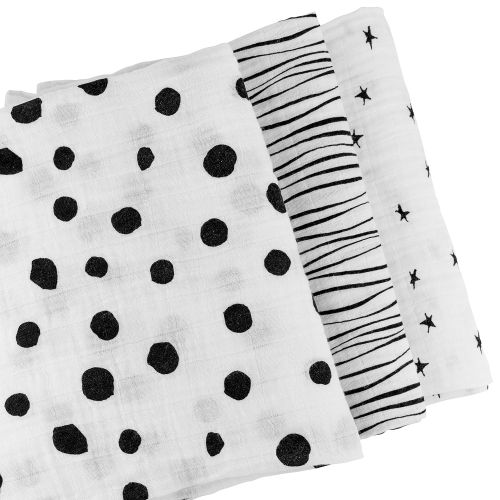  Ely Muslin Swaddle Blanket 100% Soft Muslin Cotton 3 Pack 47x 47 (Black & White)