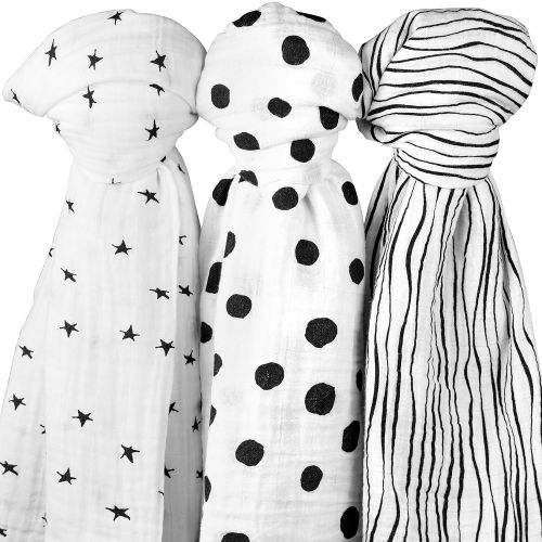  Ely Muslin Swaddle Blanket 100% Soft Muslin Cotton 3 Pack 47x 47 (Black & White)