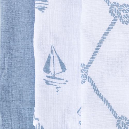  Ely Cotton Muslin Swaddle Blanket 3 Pack 47 x 47 - Dusty Blue Nautical Print