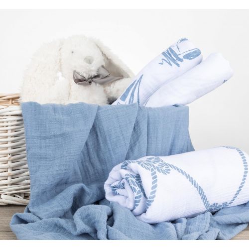  Ely Cotton Muslin Swaddle Blanket 3 Pack 47 x 47 - Dusty Blue Nautical Print