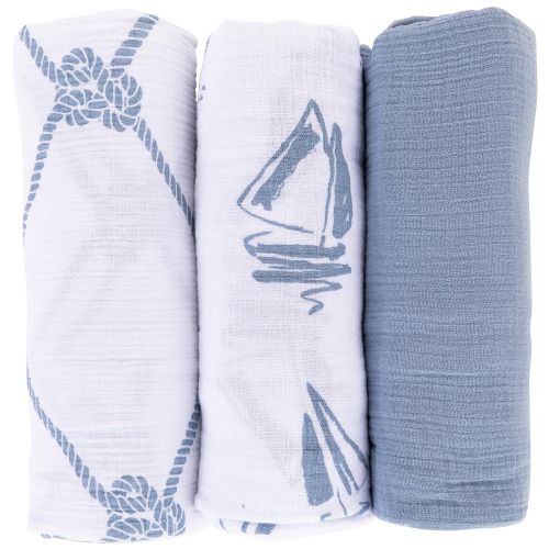  Ely Cotton Muslin Swaddle Blanket 3 Pack 47 x 47 - Dusty Blue Nautical Print