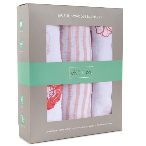  Ely Muslin Swaddle Blanket 100% Soft Muslin Cotton 3 Pack 47x 47 (Poppy Flower)
