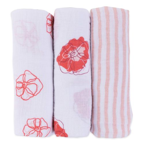  Ely Muslin Swaddle Blanket 100% Soft Muslin Cotton 3 Pack 47x 47 (Poppy Flower)