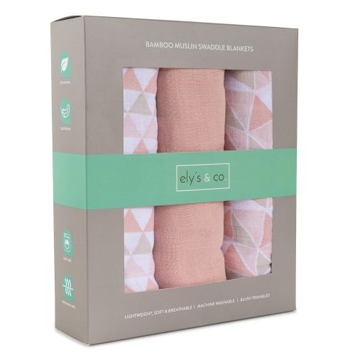  Bamboo Muslin Swaddle Blankets Ultra Soft & Silky Swaddles 47 x 47 3 PK Blush Triangle Design - 3 Pack by Elys & Co.