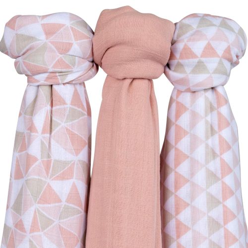  Bamboo Muslin Swaddle Blankets Ultra Soft & Silky Swaddles 47 x 47 3 PK Blush Triangle Design - 3 Pack by Elys & Co.