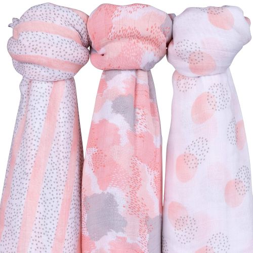  Bamboo Muslin Swaddle Blankets Ultra Soft & Silky Swaddles 47 x 47 3 PK Blush Abstract Design - 3 Pack by Elys & Co