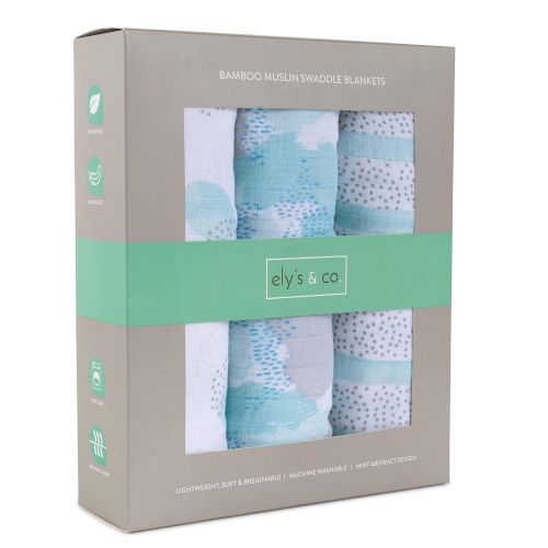  Ely Bamboo Muslin Swaddle Blankets Ultra Soft & Silky Swaddles 47 x 47 3 PK Blue Abstract Design - 3 Pack