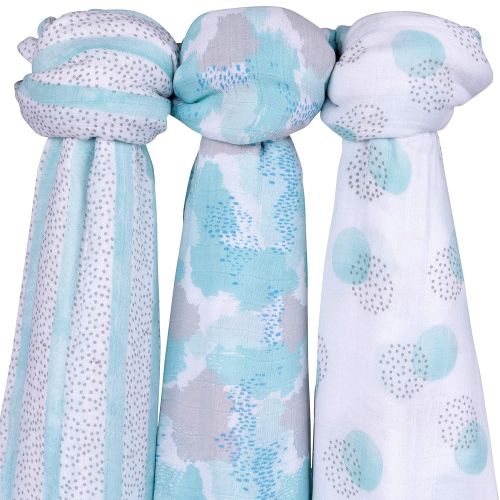  Ely Bamboo Muslin Swaddle Blankets Ultra Soft & Silky Swaddles 47 x 47 3 PK Blue Abstract Design - 3 Pack