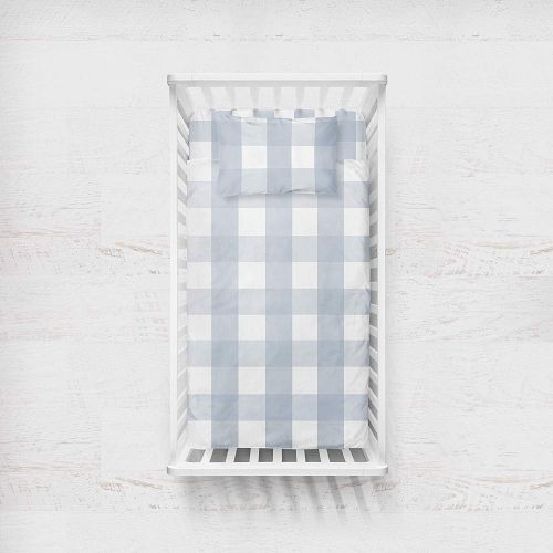  ElyS & Co. Baby Crib Set 4 pc, Crib Sheet,Quilted Blanket, Crib Skirt & Baby Pillow Case Gingham Design in Dusty Blue