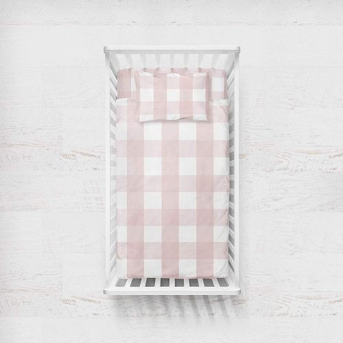  ElyS & Co. Baby Crib Set 4 pc, Crib Sheet,Quilted Blanket, Crib Skirt & Baby Pillow Case - Gingham Design in Pink