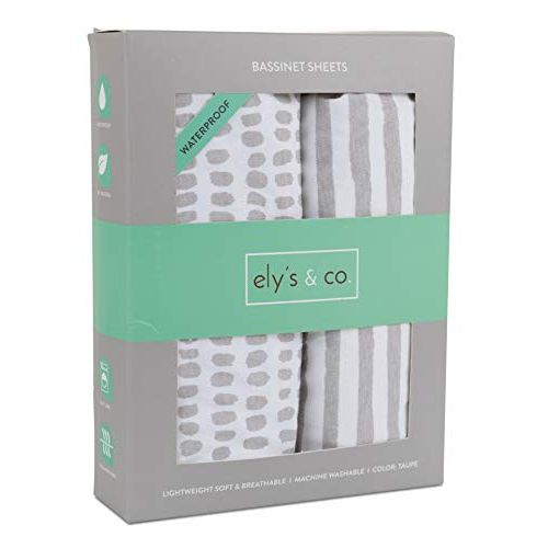  Elys & Co. Waterproof Bassinet Sheet,No Need for Bassinet Mattress Pad Cover, 2 Pack Taupe Splash & Stripes,Unisex for Baby Boy and Baby Girl