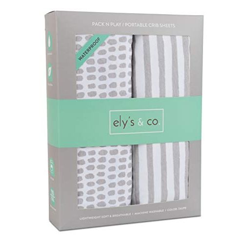  Waterproof Pack N Play/Mini Portable Crib Sheet with Mattress Pad Cover Protection I Taupe Stripes and Splash by Elys & Co.