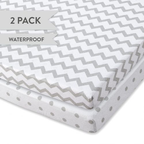  Elys & Co. Kids Waterproof Pack n Play Portable Mini Crib Sheet with Mattress Pad Cover Protection, White and Grey Chevron and Polka Dots (2 Pack)