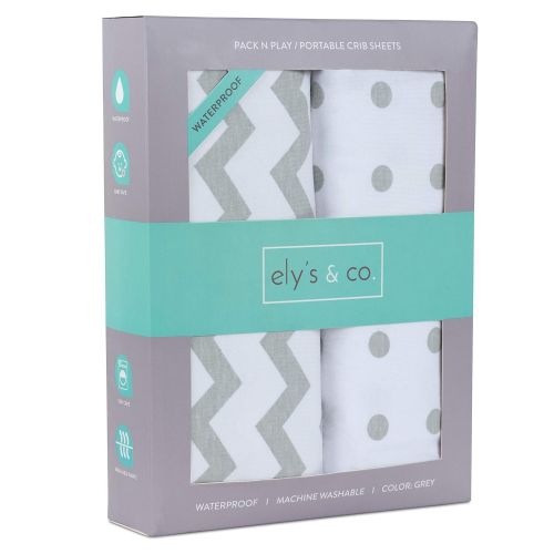  Elys & Co. Kids Waterproof Pack n Play Portable Mini Crib Sheet with Mattress Pad Cover Protection, White and Grey Chevron and Polka Dots (2 Pack)