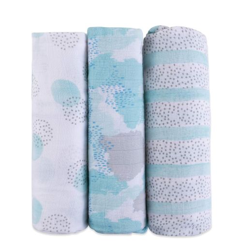  Elys & Co. Bamboo Muslin Swaddle Blankets Ultra Soft & Silky Swaddles 47 x 47 3 PK Blue Abstract Design - 3 Pack