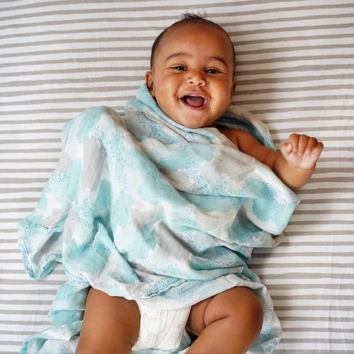  Elys & Co. Bamboo Muslin Swaddle Blankets Ultra Soft & Silky Swaddles 47 x 47 3 PK Blue Abstract Design - 3 Pack