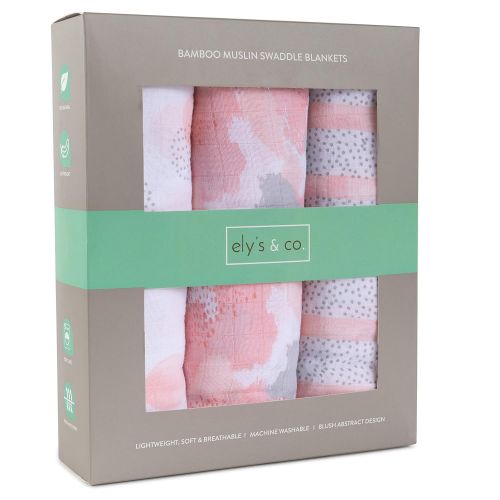  Elys & Co. Bamboo Muslin Swaddle Blankets Ultra Soft & Silky Swaddles 47 x 47 3 PK Blush Abstract Design - 3 Pack by Elys & Co