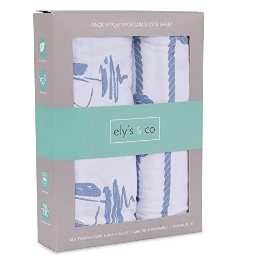  [아마존베스트]Ely's & Co. Pack N Play Portable Crib Sheet Set 100% Jersey Cotton 2 Pack - Dusty Blue Nautical Print