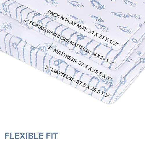  [아마존베스트]Ely's & Co. Pack N Play Portable Crib Sheet Set 100% Jersey Cotton 2 Pack - Dusty Blue Nautical Print