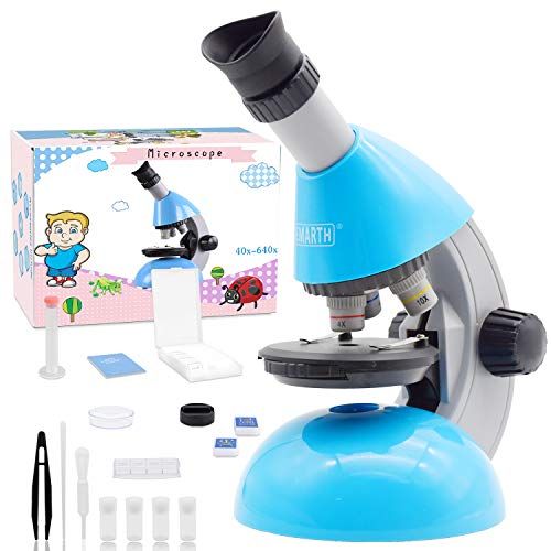  Emarth Microscope, Kids Microscope 40X- 640X with Science Kits Beginners Microscope Includes 25 Slides for Student Children-Blue