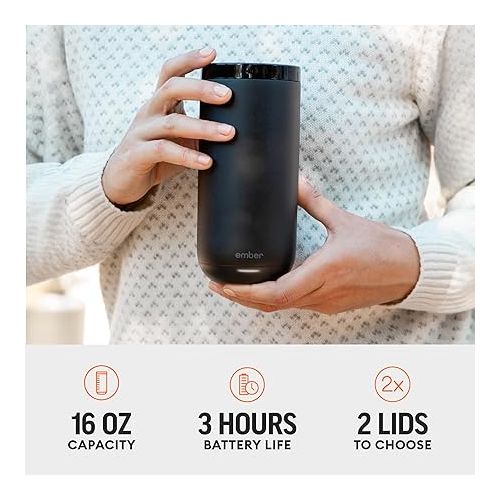  Ember Tumbler, Temperature Control Travel Mug, Stainless Steel, App-Controlled Heated Coffee Mug with 3-Hour Battery Life, Black, 16 Oz