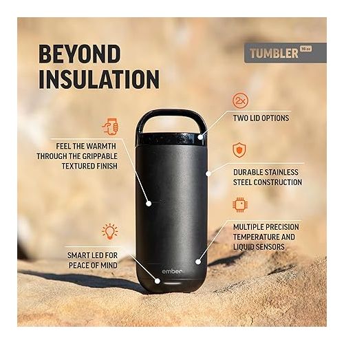  Ember Tumbler, Temperature Control Travel Mug, Stainless Steel, App-Controlled Heated Coffee Mug with 3-Hour Battery Life, Black, 16 Oz