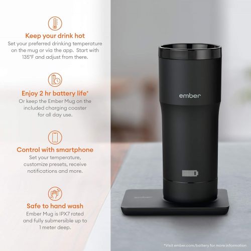  Ember Temperature Control Travel Mug, 12 Ounce, 2-hr Battery Life, Black - App Controlled Heated Coffee Travel Mug