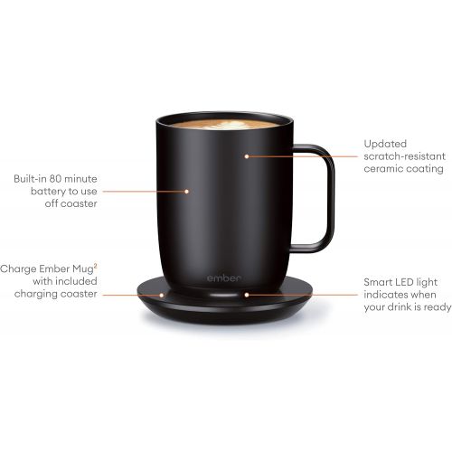  Ember Temperature Control Smart Mug 2, 14 oz, Black, 80 min. Battery Life - App Controlled Heated Coffee Mug - Improved Design