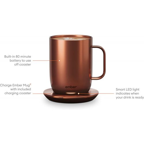  [아마존베스트]NEW Ember Temperature Control Smart Mug 2, 10 oz, Copper, 1.5-hr Battery Life - App Controlled Heated Coffee Mug - New & Improved Design