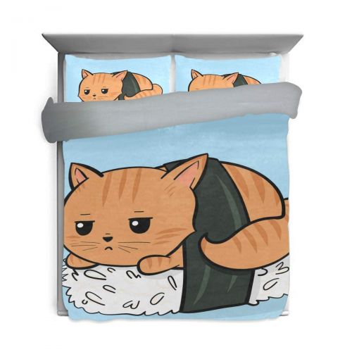  Embroidered senya 3 Pieces Duvet Cover Cat Tied with Sushi Soft Warm Twin Bedding Set Quilt Bed Covers for Kids Boys Girls