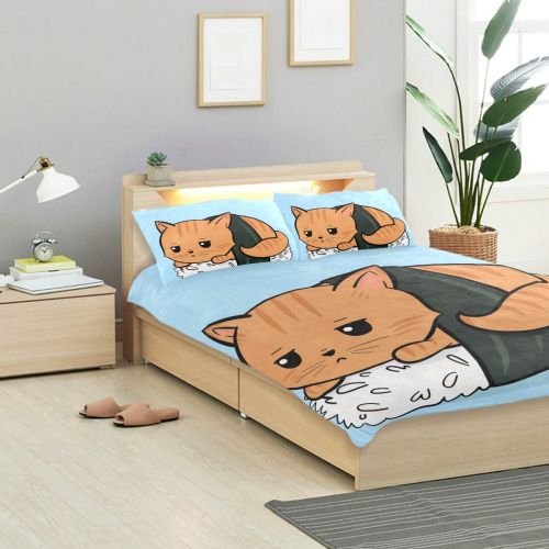  Embroidered senya 3 Pieces Duvet Cover Cat Tied with Sushi Soft Warm Twin Bedding Set Quilt Bed Covers for Kids Boys Girls