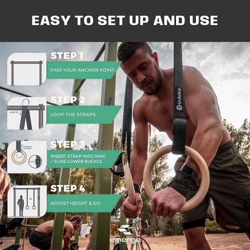  Emerge Wooden Gymnastic Rings with Adjustable Straps Wood Olympic Size Ring Gym Fitness Gymnastics Calisthenics Pull Up Dip Station Full Body Core Workout Training Exercise Home or