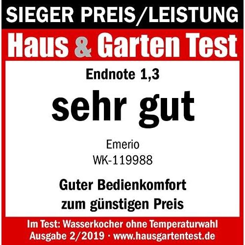  Emerio WK-119988 Glas Wasserkocher,1.7 Liter, 2200 Watt, LED Innenbeleuchtung, 360° Basis, Sieger Preis/Leistung Haus & Garten Test 02/2019, 1.7 liters, Schwarz, Edelstahl