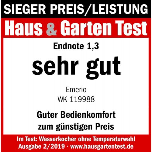  Emerio WK-119988 Glas Wasserkocher,1.7 Liter, 2200 Watt, LED Innenbeleuchtung, 360° Basis, Sieger Preis/Leistung Haus & Garten Test 02/2019, 1.7 liters, Schwarz, Edelstahl