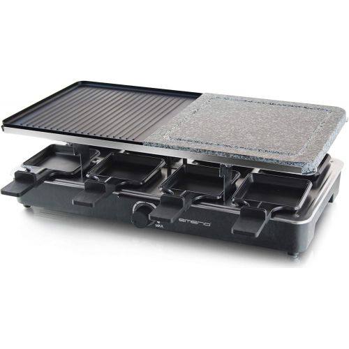  Emerio RG-110035 Raclette, 8 Personen, heisser Stein, regulierbare Temperatur, Naturstein-Platte, inkl 8 Pfannchen, Steingut, Schwarz