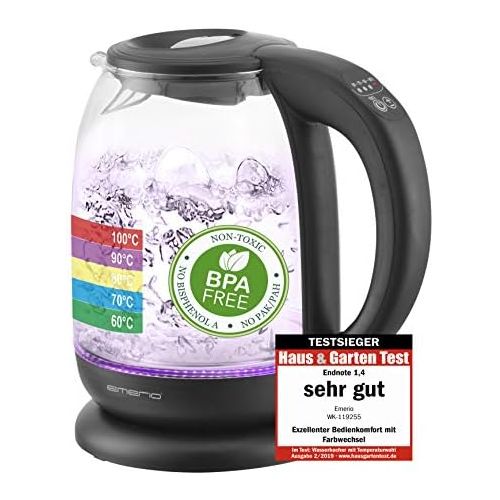  Emerio WK-119255 TESTSIEGER Haus & Garten Test 02/2019, Glas Wasserkocher mit Temperaturwahl (60°C/70°C/80°C/90°C/100°C), BPA-frei, Trockengehschutz, Auto-Off, 2200 Watt, 1.7 liter