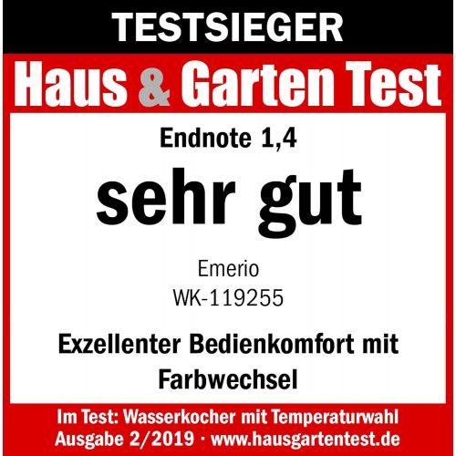  Emerio WK-119255 TESTSIEGER Haus & Garten Test 02/2019, Glas Wasserkocher mit Temperaturwahl (60°C/70°C/80°C/90°C/100°C), BPA-frei, Trockengehschutz, Auto-Off, 2200 Watt, 1.7 liter