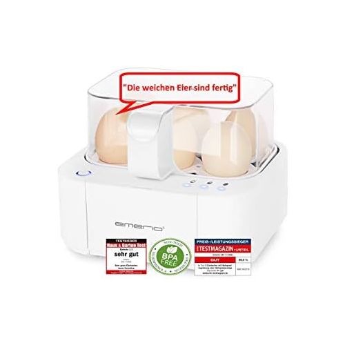  [아마존베스트]Emerio Three-Level Egg Boiler Soft Medium Hard in Just One Cooking Process with Perfect Results Voice Output Unique Technology and Design 400 W White, Translation: German, White