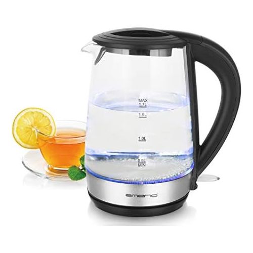  [아마존베스트]Emerio WK-123131, Glas Wasserkocher 1.7L, BPA frei, bestes Borosilikatglas, 2200 Watt, schoene blaue LED Beleuchtung, Auto Off, UEberhitzungsschutz, mit hochwertigem Edelstahl abgede