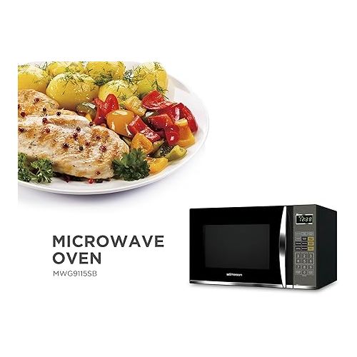  Emerson 1.2 Cu. Ft. Microwave Oven with Griller, Timer & LED Display 11 Power Levels, 9 Pre-Programmed Settings, Removable Glass Turntable with Child Save Lock, 1100W, Stainless Steel