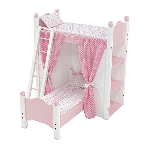  Emily Rose Doll Clothes 18 Inch Doll Bed Furniture | White Loft Bunk Bed with Shelving Units and Angled Single Bed, Includes Ladder, Pink and White Polka Dot Bedding and Coordinating Curtains | Fits Ameri