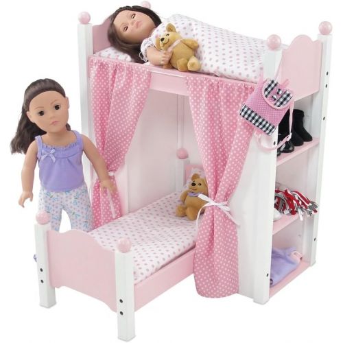  Emily Rose Doll Clothes 18 Inch Doll Bed Furniture | White Loft Bunk Bed with Shelving Units and Angled Single Bed, Includes Ladder, Pink and White Polka Dot Bedding and Coordinating Curtains | Fits Ameri