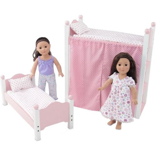  Emily Rose Doll Clothes 18 Inch Doll Bed Furniture | White Loft Bunk Bed with Shelving Units and Angled Single Bed, Includes Ladder, Pink and White Polka Dot Bedding and Coordinating Curtains | Fits Ameri