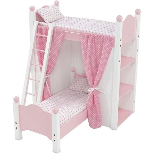  Emily Rose Doll Clothes 18 Inch Doll Bed Furniture | White Loft Bunk Bed with Shelving Units and Angled Single Bed, Includes Ladder, Pink and White Polka Dot Bedding and Coordinating Curtains | Fits Ameri