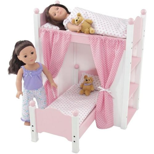  Emily Rose Doll Clothes 18 Inch Doll Bed Furniture | White Loft Bunk Bed with Shelving Units and Angled Single Bed, Includes Ladder, Pink and White Polka Dot Bedding and Coordinating Curtains | Fits Ameri