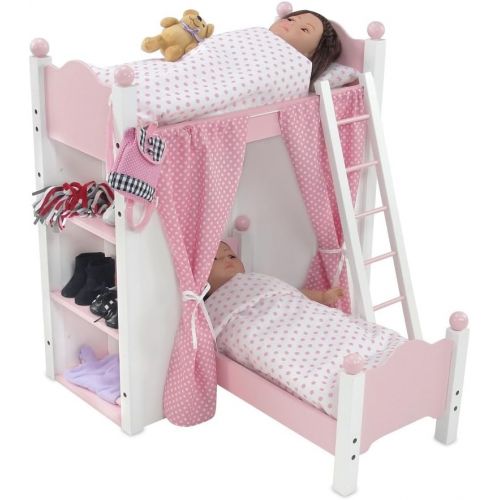  Emily Rose Doll Clothes 18 Inch Doll Bed Furniture | White Loft Bunk Bed with Shelving Units and Angled Single Bed, Includes Ladder, Pink and White Polka Dot Bedding and Coordinating Curtains | Fits Ameri