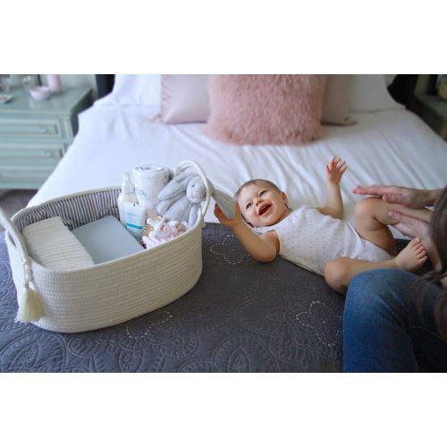  Jameson Baby Co. Rope Diaper Caddy Organizer - Extra Large Nursery Storage Bin - Car Caddy - Baby Shower Gift Basket - with 8 Pockets, 5 Compartments and Removable Dividers