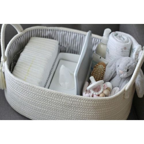  Jameson Baby Co. Rope Diaper Caddy Organizer - Extra Large Nursery Storage Bin - Car Caddy - Baby Shower Gift Basket - with 8 Pockets, 5 Compartments and Removable Dividers