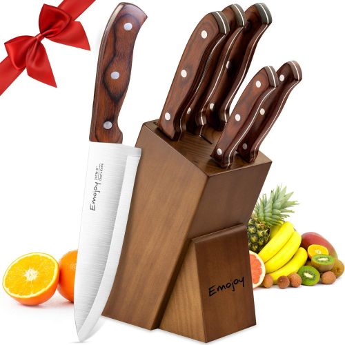  Emojoy Messerblock, 6-TLG Messerset mit Block, Holzgriff Kuechenmesser aus rostfreiem Edelstahl,Kueche Messer Kochmesser Set